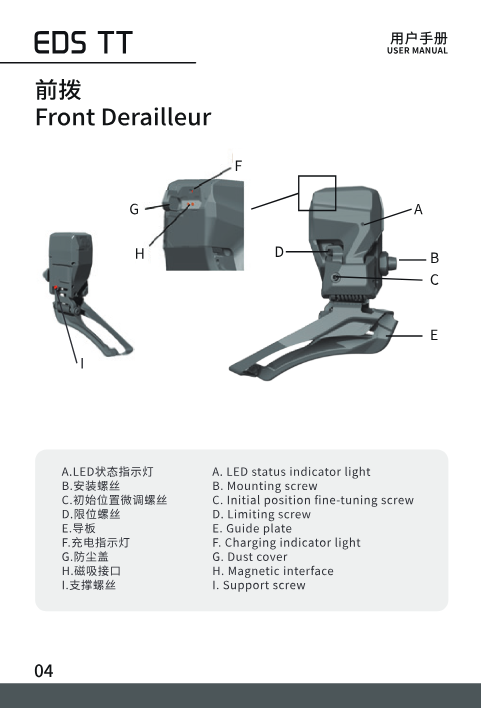 Front derailleur labeled diagram: LED status light, mounting screw, initial position fine-tuning screw, limiting screw, guide plate, charging indicator, dust cover, magnetic interface, support screw