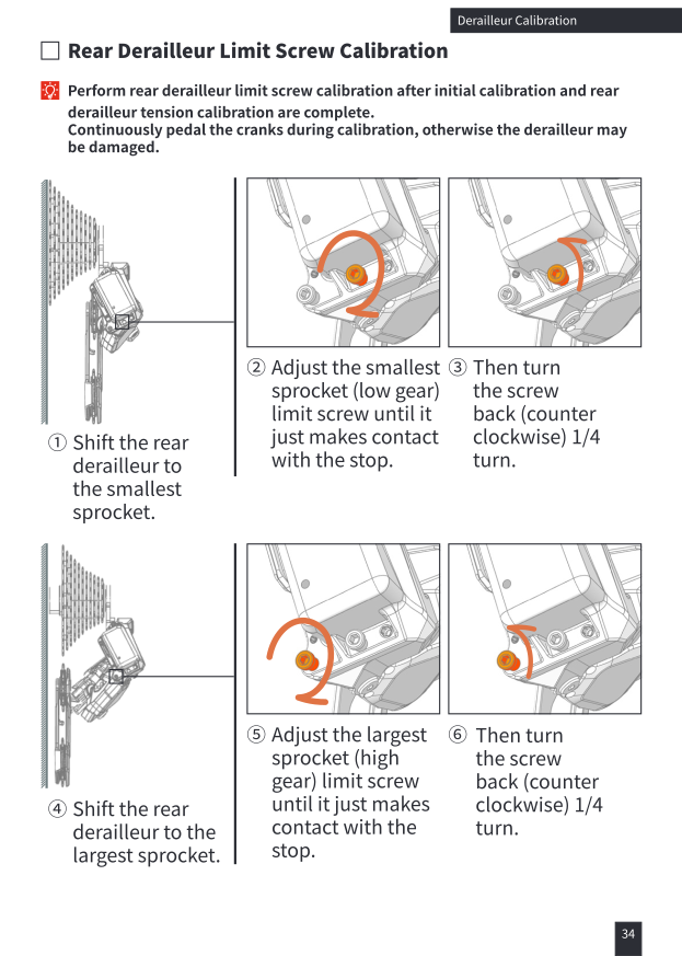 Limit screw calibration: adjust smallest and largest sprocket limit screws, back off 1/4 turn