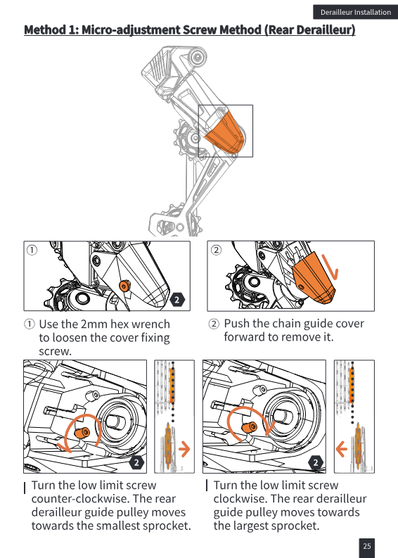 Micro-adjustment screw method: loosen cover fixing screw, remove chain guide cover, turn low limit screw