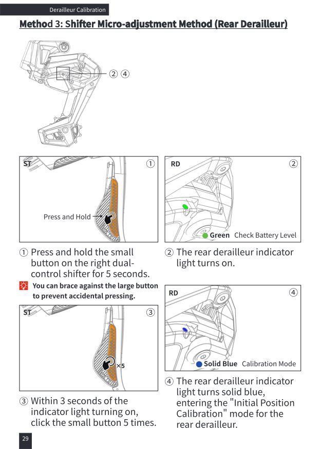 Entering shifter calibration mode: hold small button 5 seconds, click 5 times, blue light