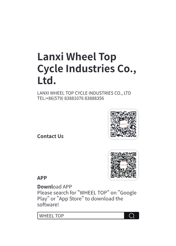 Lanxi Wheel Top Cycle Industries contact info and WHEELTOP app QR codes