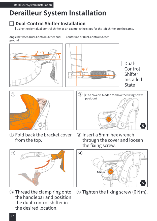 Dual-control shifter installation: fold bracket cover, loosen fixing screw, position on handlebar, tighten to 6 N·m
