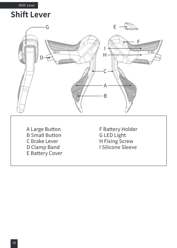 Shift lever labeled diagram: large button, small button, brake lever, clamp band, battery cover, battery holder, LED light, fixing screw, silicone sleeve