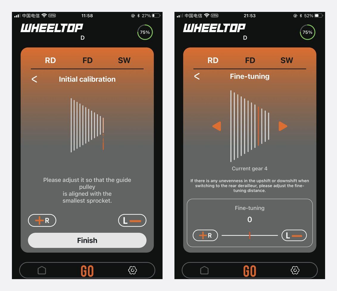 WHEELTOP app v2 rear derailleur initial calibration screen and per-gear fine-tuning screen