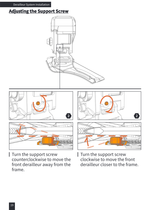 Support screw adjustment: counterclockwise moves derailleur away from frame, clockwise moves it closer