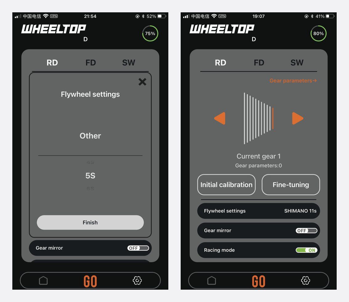 WHEELTOP app v2 speed setting screen and TX rear derailleur Race mode screen