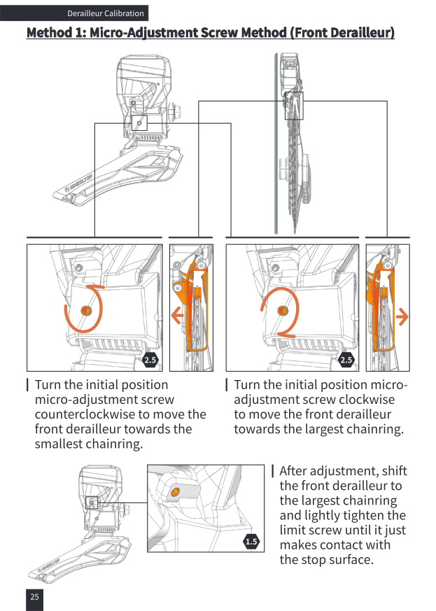 Front derailleur micro-adjustment screw direction diagram and limit screw tightening