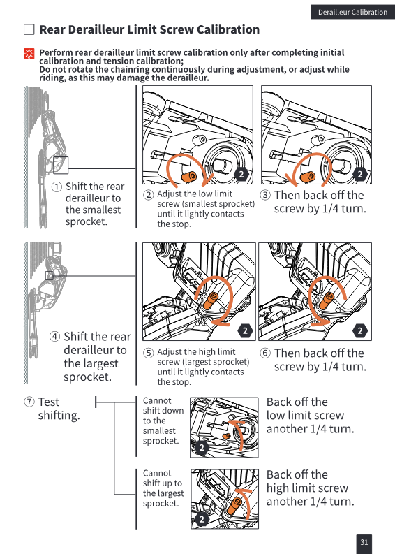 Limit screw calibration: adjust low and high limit screws, back off 1/4 turn, test shifting