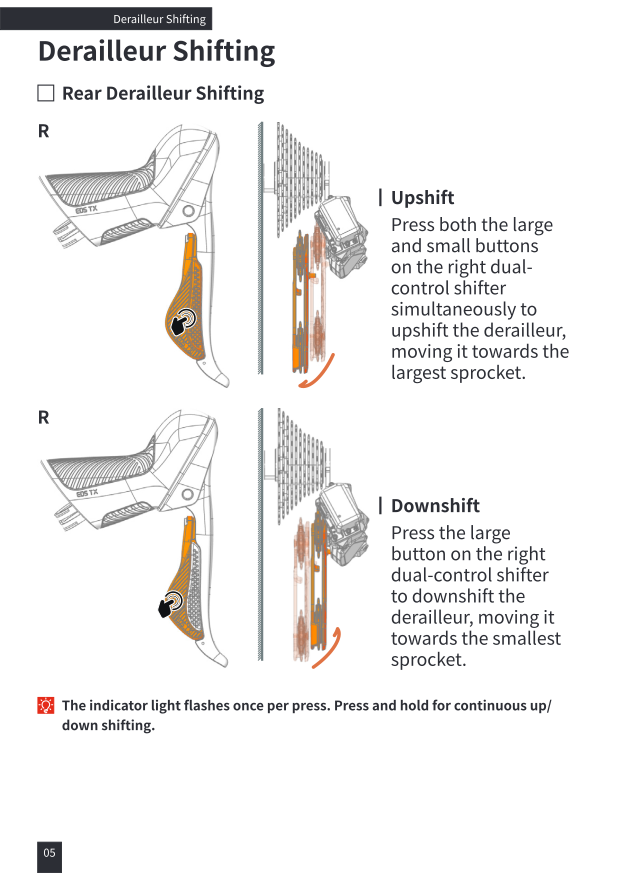 Rear derailleur shifting: upshift and downshift button diagram