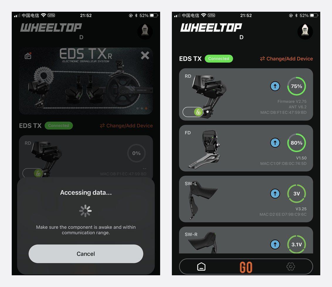 WHEELTOP app v2 connected home screen showing battery level for each EDS component