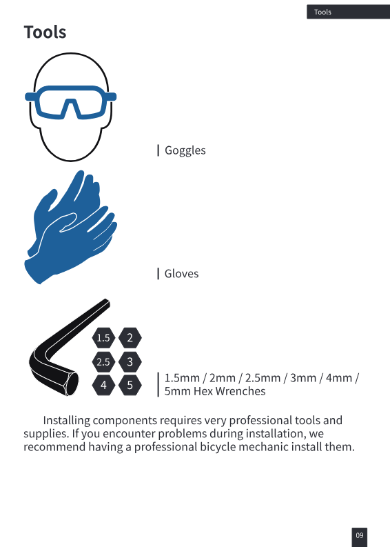 Required tools: goggles, gloves, hex wrench set 1.5-5mm