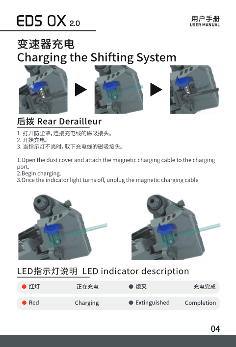 Rear derailleur charging steps: open dust cover, connect magnetic cable, charging indicator light