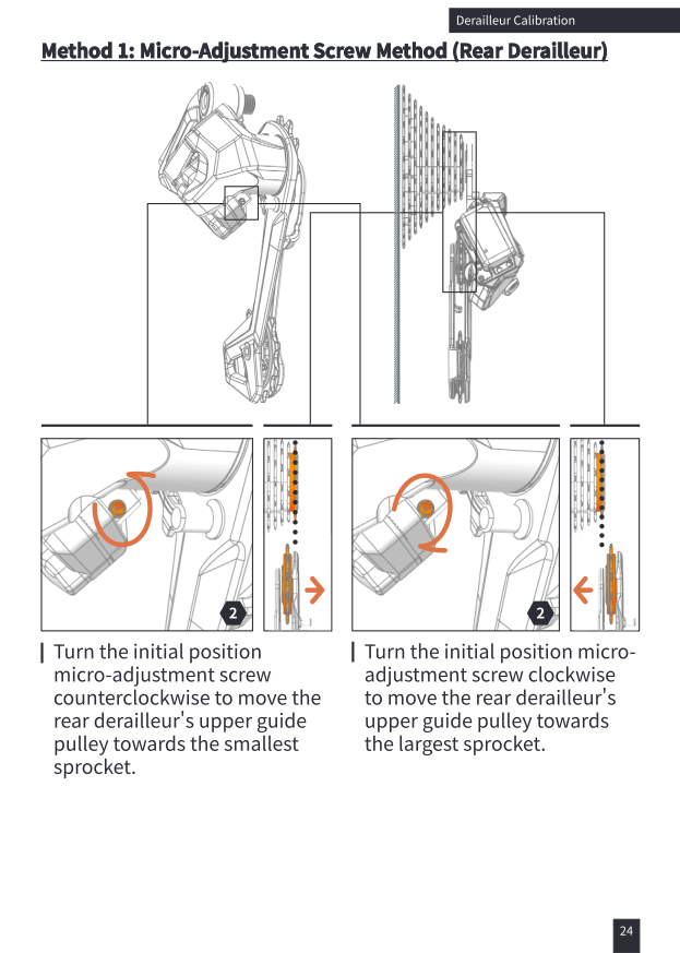 Rear derailleur micro-adjustment screw direction diagram