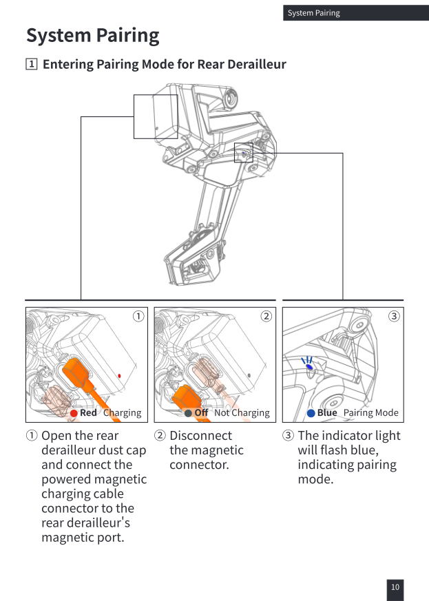 Rear derailleur pairing mode: connect and disconnect magnetic charging cable, blue light flashes