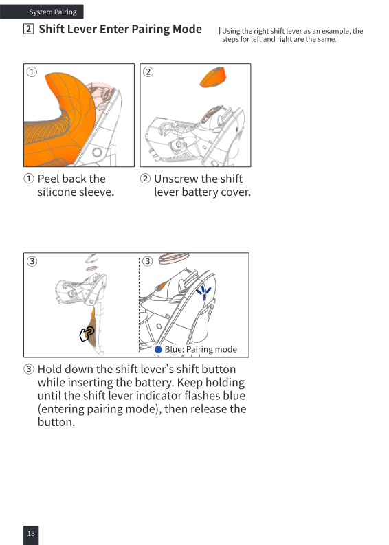 Shift lever entering pairing mode: peel silicone sleeve, unscrew battery cover, hold button while inserting battery