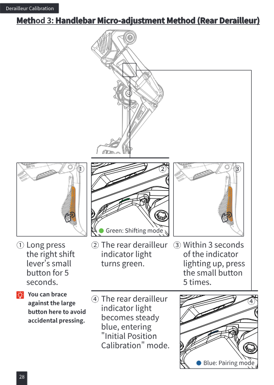 Entering handlebar micro-adjustment mode: long-press small button 5 seconds, then click 5 times