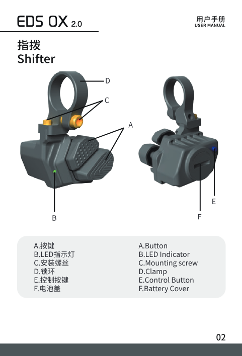 Shifter labeled diagram: button, LED indicator, mounting screw, clamp, control button, battery cover