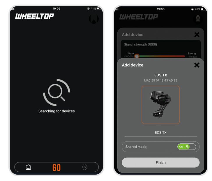 WHEELTOP app searching for and selecting the EDS TX device