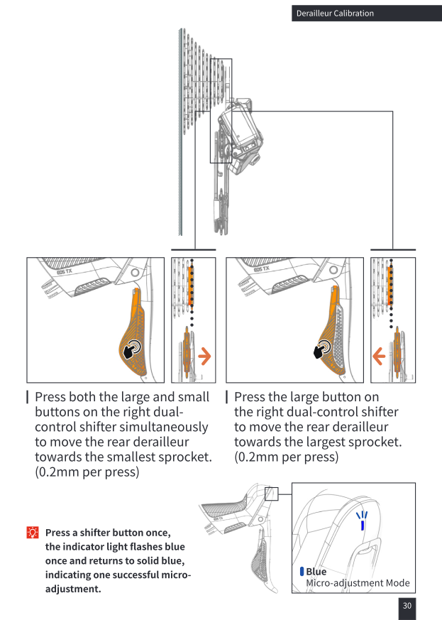 Rear derailleur micro-adjustment via shifter buttons, 0.2mm per press