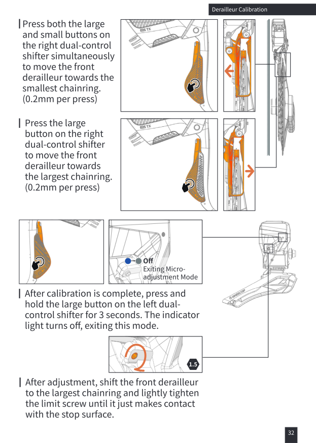 Front derailleur micro-adjustment via shifter buttons and exiting calibration mode