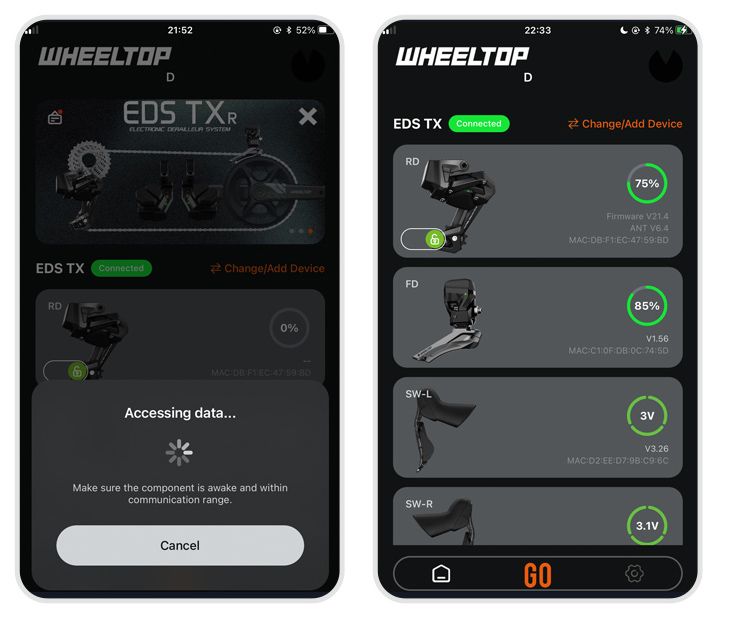 WHEELTOP app connecting and showing all four components with battery levels