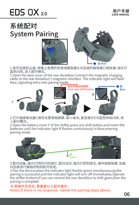 System pairing steps: rear derailleur blue light, shifter battery insertion, both lights green