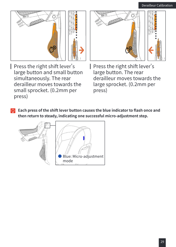 Micro-adjustment via shift lever buttons, 0.2mm per press, blue indicator flash confirms each step