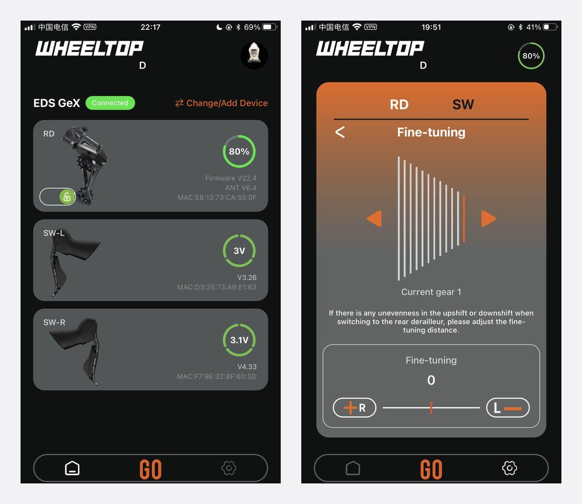 WHEELTOP app v2 screens for the EDS GeX