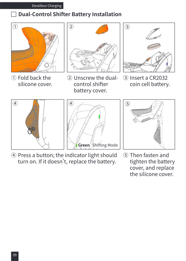 Dual-control shifter CR2032 battery installation steps