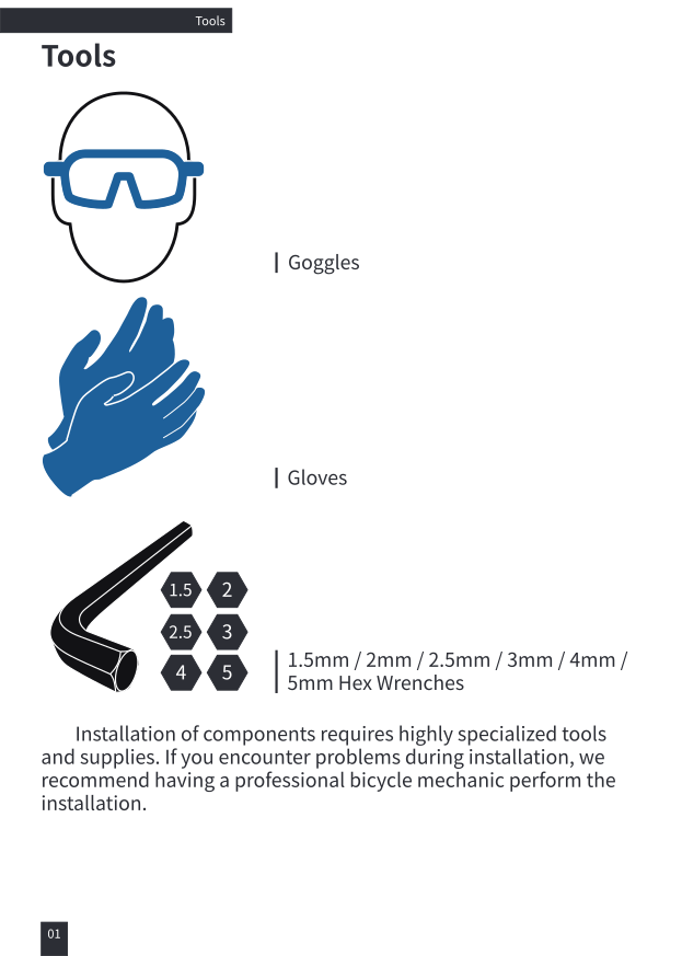 Required tools: goggles, gloves, hex wrench set 1.5-5mm