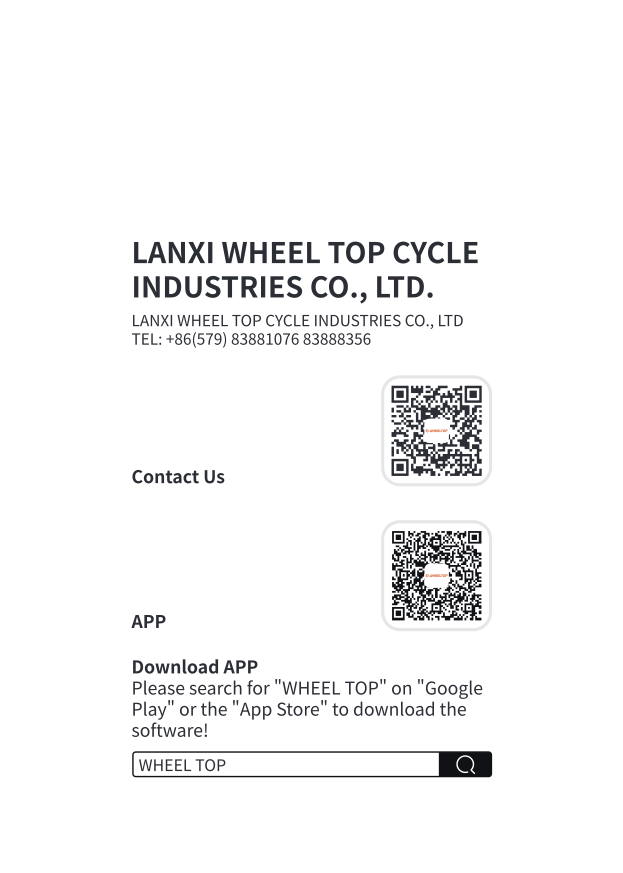 Lanxi Wheel Top Cycle Industries contact info and WHEELTOP app QR codes