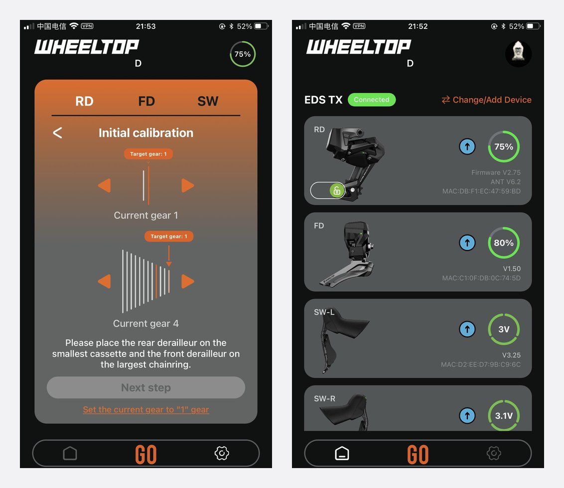 WHEELTOP app v2 device overview and calibration screens