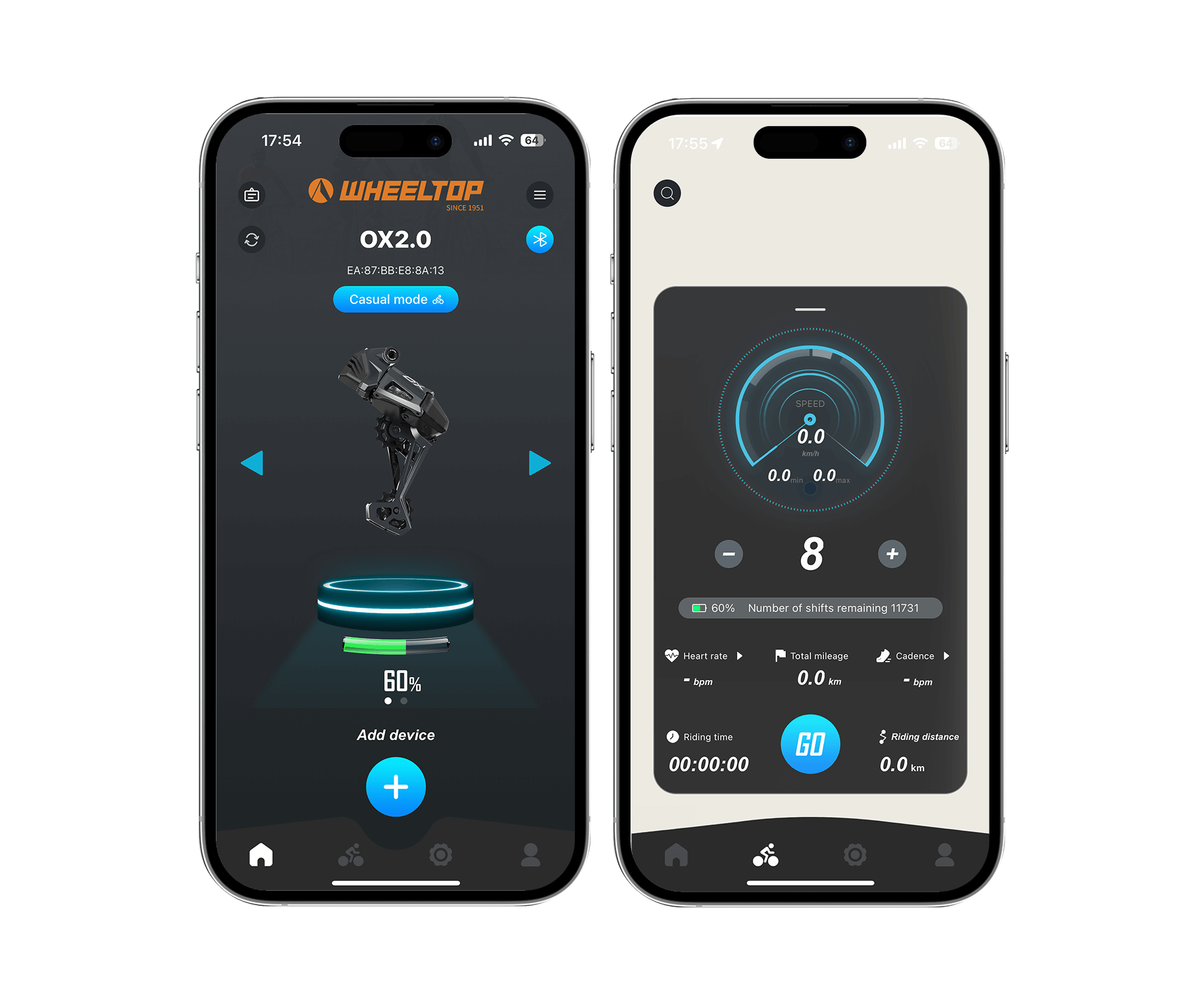 WHEELTOP App showing OX 2.0 battery level and riding stats