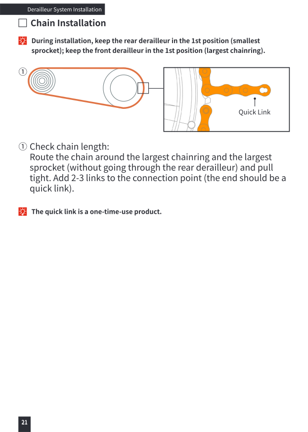 Chain length check: route around largest chainring and sprocket, add 2-3 links, quick link