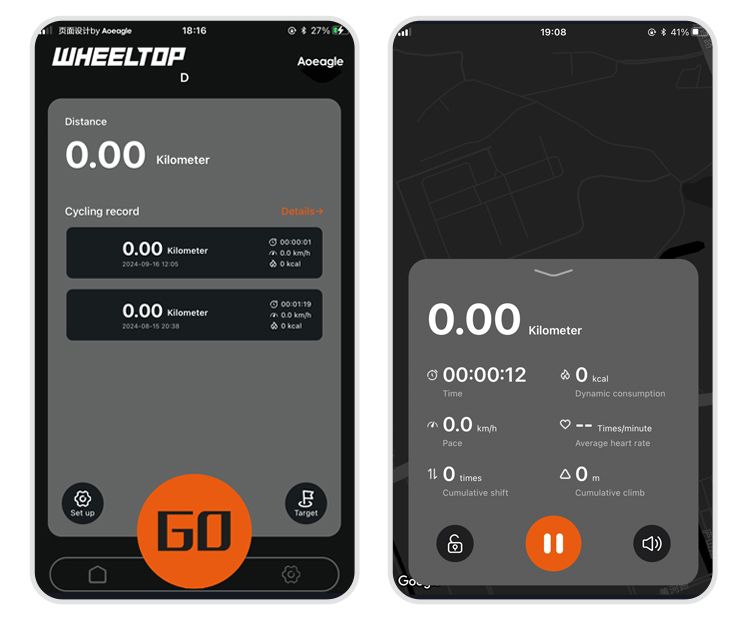 WHEELTOP app home screen and ride computer