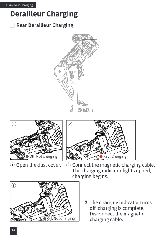 Rear derailleur charging steps: open dust cover, connect magnetic cable, red charging light, off when complete