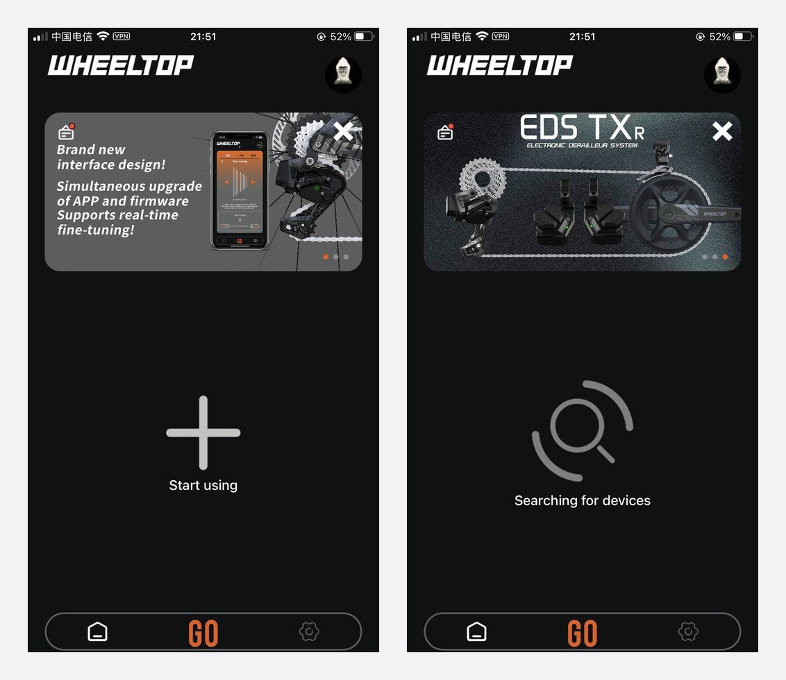 WHEELTOP app v2 start screen and device search screen