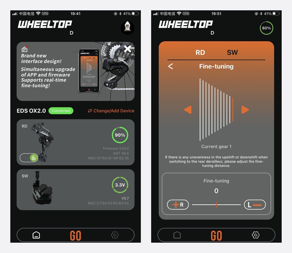 WHEELTOP app v2 screens for the EDS OX 2.0 rear derailleur