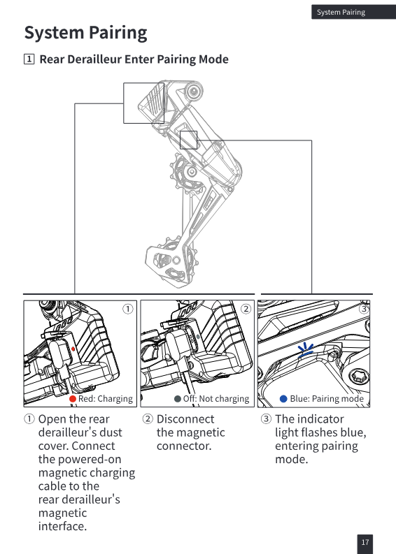 Rear derailleur entering pairing mode: connect and disconnect magnetic charging cable, blue light flashes