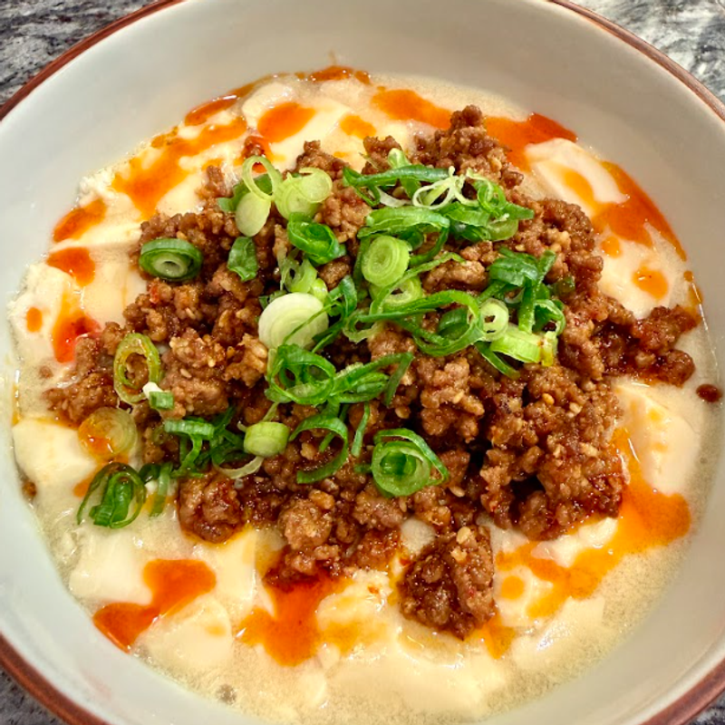 Soy milk tofu with spicy sesame pork