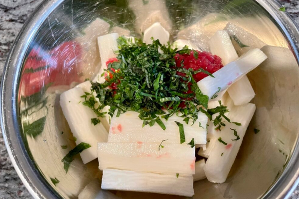 Add shiso leaves, Japanese yam, and pickled plums.