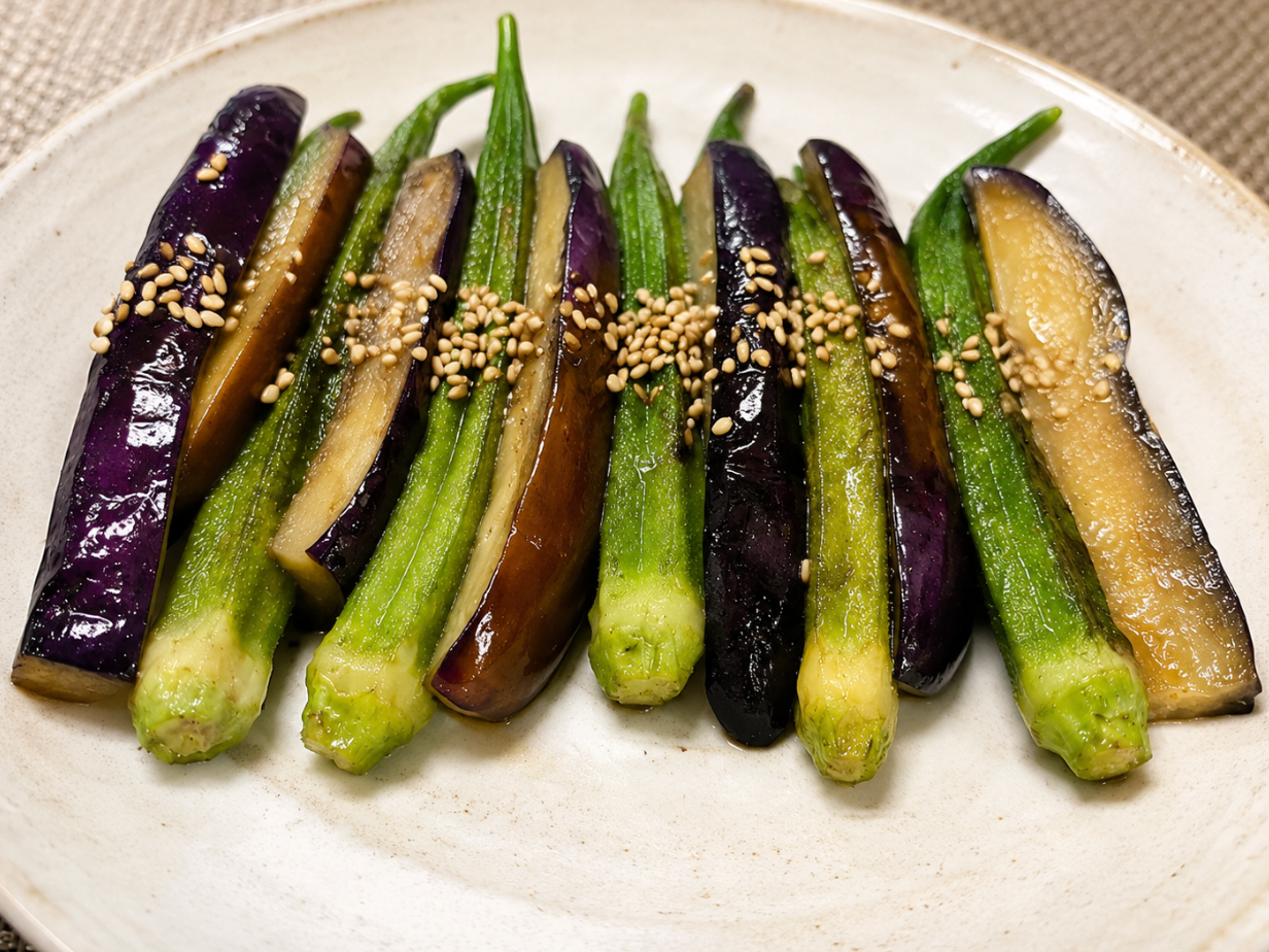 Ginger Marinated Eggplant and Okra
