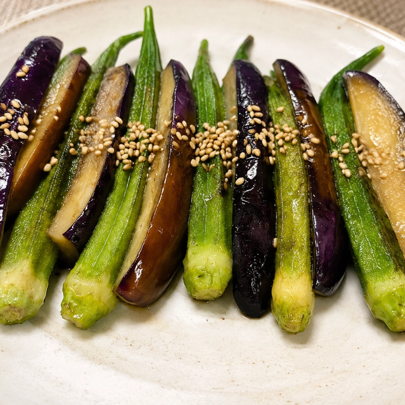 Ginger Marinated Eggplant and Okra