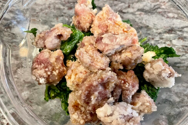 Crispy Chicken Gizzards and Chrysanthemum Greens with Grated Daikon Ponzu
