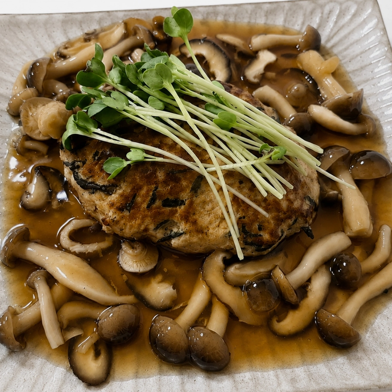 羊栖菜豆腐汉堡肉饼配蘑菇芡汁