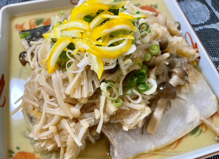 Pan Seared Mackerel with Yuzu Ponzu Mushroom and Grated Daikon Relish