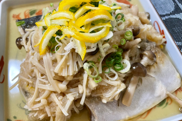Pan Seared Mackerel with Yuzu Ponzu Mushroom and Grated Daikon Relish