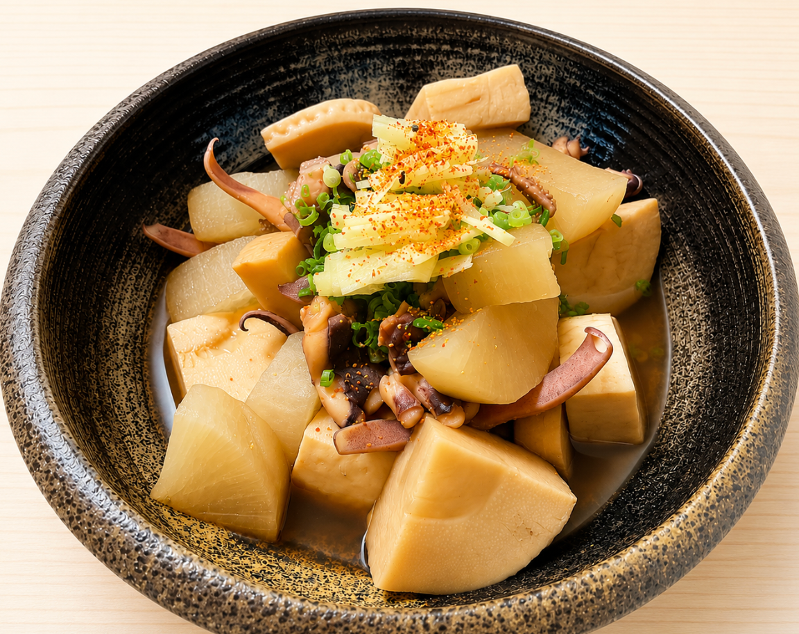 Simmered Squid, Daikon Radish and Bamboo Shoots
