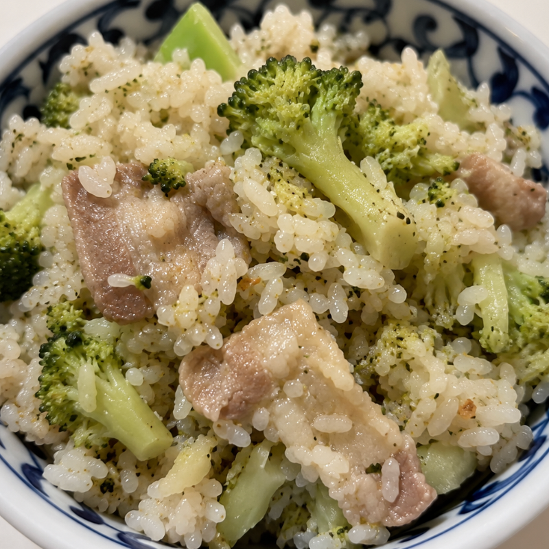 Whole Broccoli and Pork Belly Takikomi Gohan