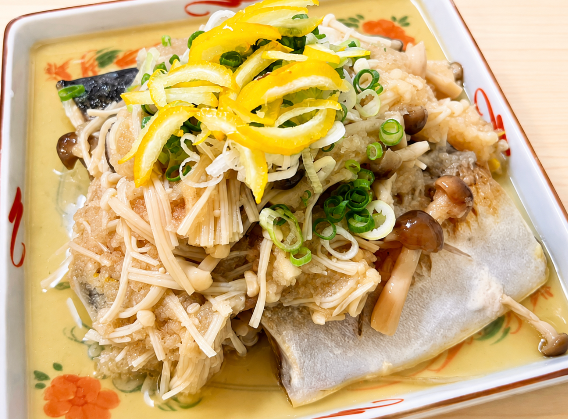 Pan Seared Mackerel with Yuzu Ponzu Mushroom and Grated Daikon Relish